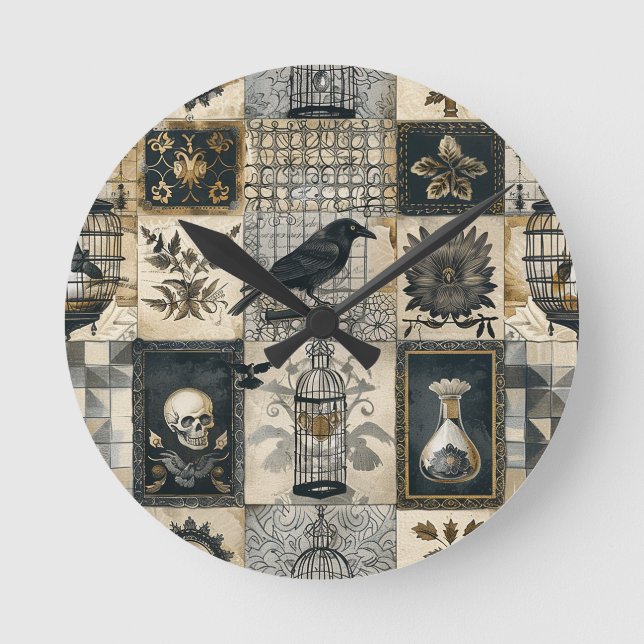 Reloj Redondo Mediano Cráneo floral gótico y patrón de raven (Anverso)