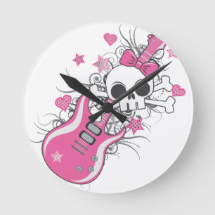 Reloj Redondo Mediano Cráneo lindo con guitarra rosa