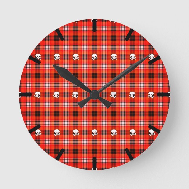Reloj Redondo Mediano Cránulos y huesos cruzados rojo y negro (Anverso)