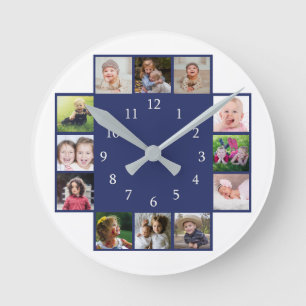 Reloj Redondo Mediano Crear 12 Colage de Fotos Familiar Azul
