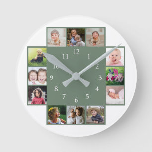 Reloj Redondo Mediano Crear 12 Colage de Fotos Familiar Verde