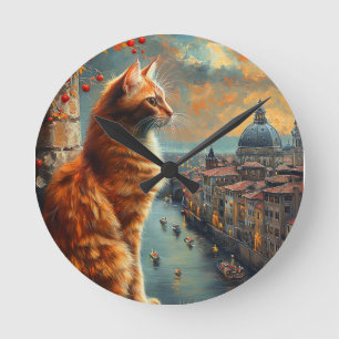 Reloj Redondo Mediano Crepúsculo en Venecia Gato Naranja en un Canal