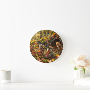 Reloj Redondo Mediano Criaturas del Bosque Fantasía Cosecha de Otoño Cap