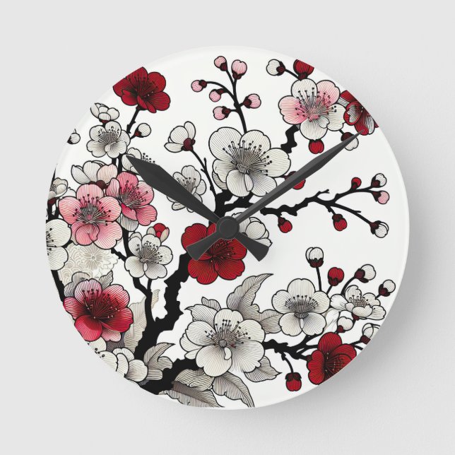 Reloj Redondo Mediano Crimson Blossom Elegance - Flora de inspiración ja (Anverso)