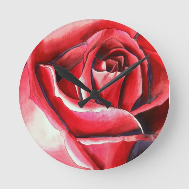 Reloj Redondo Mediano Crimson Red Rose original acuarela (Anverso)