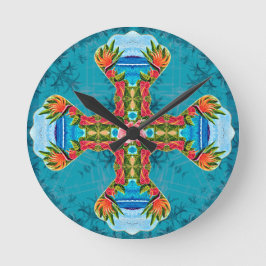 Reloj Redondo Mediano Cruz de Aves de Paraíso de Hawái (Azul)