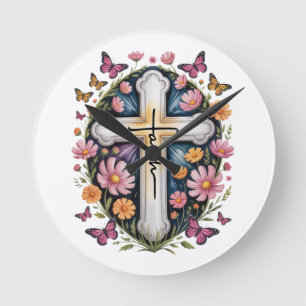 Reloj Redondo Mediano Cruz de fe floral