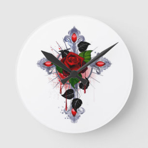 Reloj Redondo Mediano Cruz de Plata con una Rosa Roja