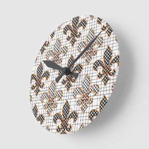Reloj Redondo Mediano Cruz en blanco y negro Lunares de flor de lis