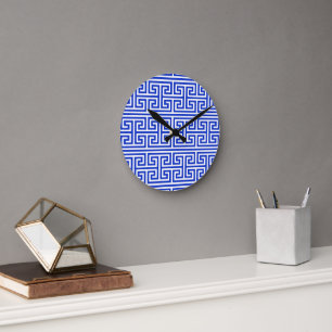 Reloj Redondo Mediano Cuadrícula H de la clave del meandro griega Azul