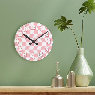 Reloj Redondo Mediano Cuadro de ajedrez ondulado rosa pastel blanco retr