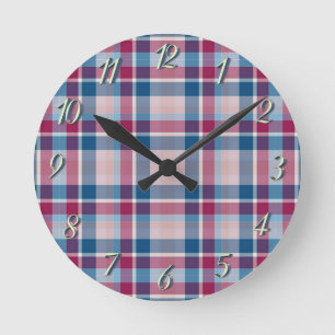 Reloj Redondo Mediano Cuadro Escocés Clásico Azul Rojo