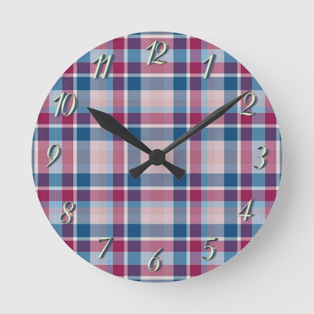 Reloj Redondo Mediano Cuadro Escocés Clásico Azul Rojo (Anverso)