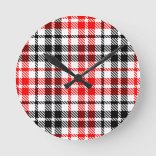 Reloj Redondo Mediano Cuadro Escocés de Tartán en Rojo y Negro sobre Bla