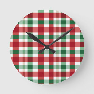Reloj Redondo Mediano Cuadro Escocés Rojo Verde Blanco Alegre Rústico Ho