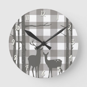 Reloj Redondo Mediano Cuadros de Bufalo Gris Rústico y Venados y Abedule
