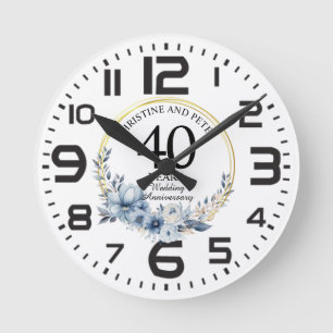 Reloj Redondo Mediano Cualquier boda (40) Floral azul elegante aniversar