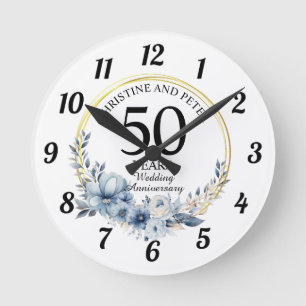 Reloj Redondo Mediano Cualquier boda (50) Floral azul elegante aniversar