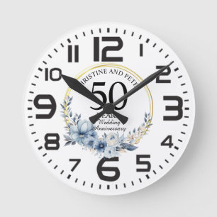 Reloj Redondo Mediano Cualquier boda (50) Floral azul elegante aniversar