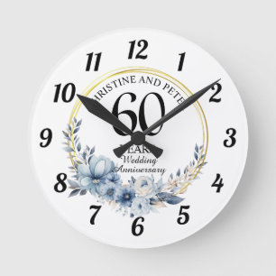 Reloj Redondo Mediano Cualquier boda (60) Floral azul elegante aniversar