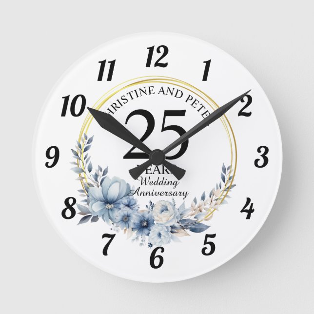 Reloj Redondo Mediano Cualquier boda elegante aniversario floral azul (Anverso)