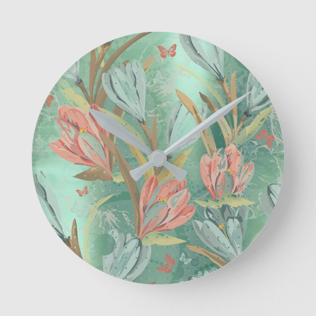 Reloj Redondo Mediano Cubierta floral verde coral Verde azulada azul mar (Anverso)