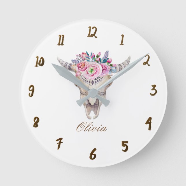 Reloj Redondo Mediano Cuerno de cráneo de vaca floral rústico personaliz (Anverso)