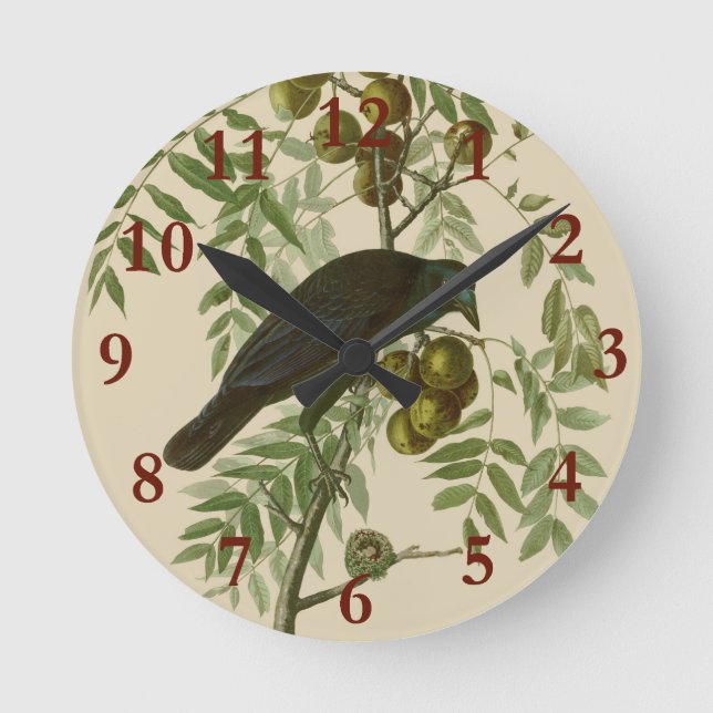 Reloj Redondo Mediano Cuervo Americano de Audubon Pájaro Negro (Anverso)