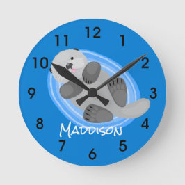 Reloj Redondo Mediano Cuidada y feliz nutria azul personalizado ilustrac