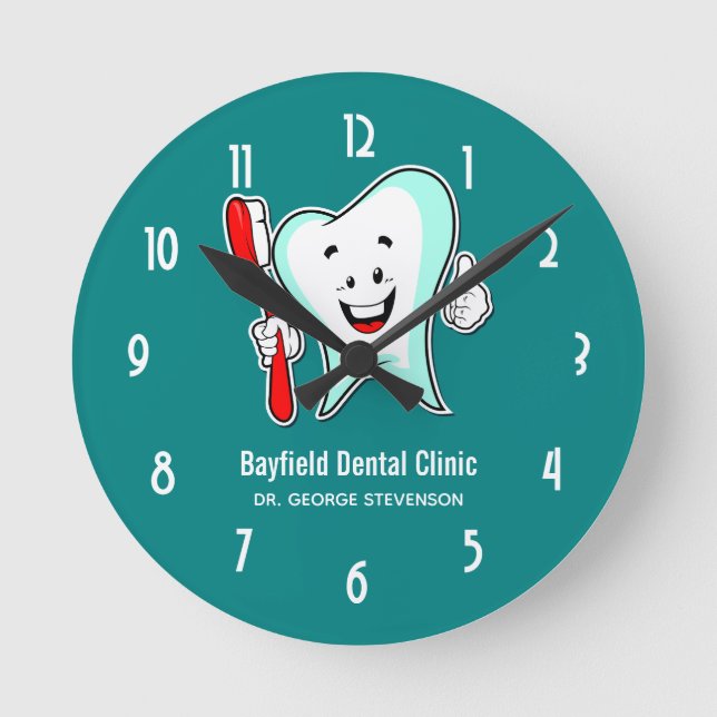 Reloj Redondo Mediano Cuidado dental Feliz diente con cepillo de dientes (Anverso)