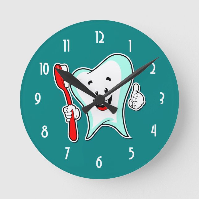 Reloj Redondo Mediano Cuidado dental Feliz diente con cepillo de dientes (Anverso)