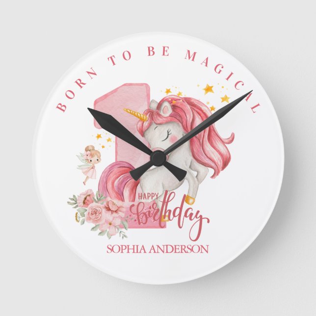 Reloj Redondo Mediano Cumpleaños 1 Unicornio Niña Rosa (Anverso)