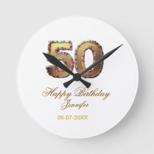 Reloj Redondo Mediano cumpleaños 50 agregar nombre fecha año dorado flor