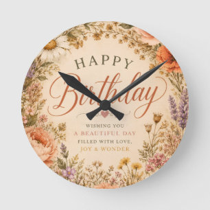 Reloj Redondo Mediano Cumpleaños Floral Retro Personalizado con flores