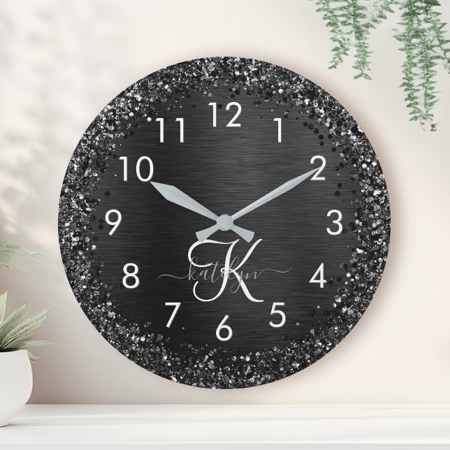 Reloj Redondo Mediano Custom Black Glitter Sparkle Monogram (Subido por el creador)