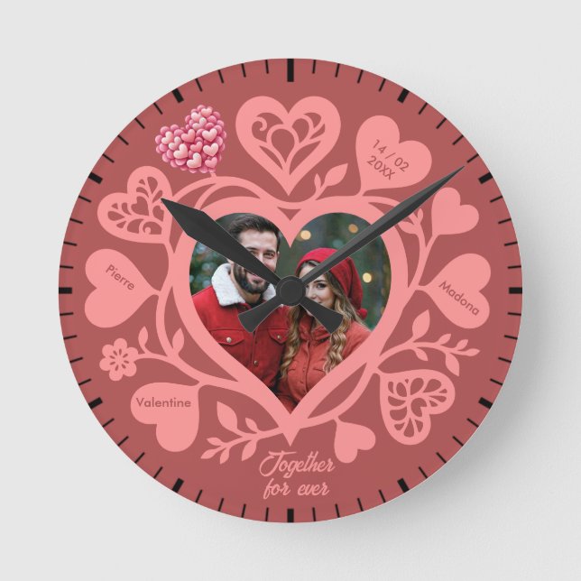 Reloj Redondo Mediano Custom Rose Photo Heart Wall Clock (Anverso)