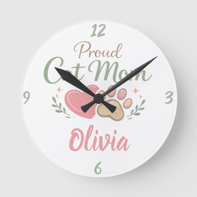 Reloj Redondo Mediano Customizable name Wall Clock For Cat Mom (Anverso)