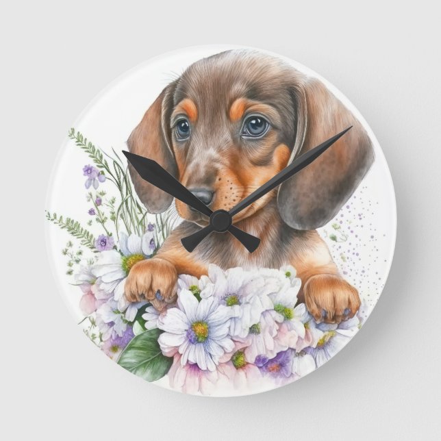 Reloj Redondo Mediano Cuta acuarela Floral Dachshund Perro Cachorro (Anverso)