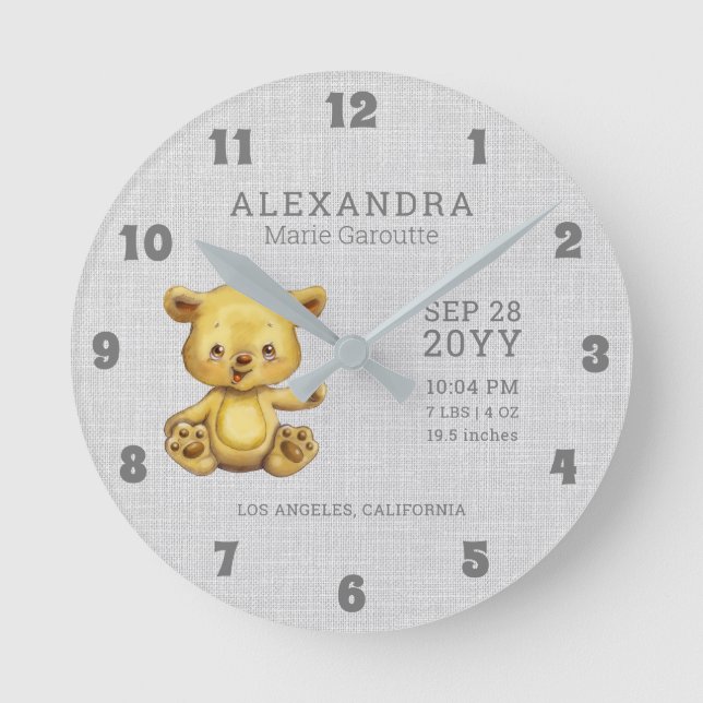 Reloj Redondo Mediano Cute acuarela Oso Bebé Nacimiento Estadísticas Nur (Anverso)