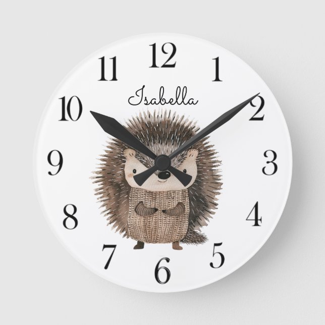 Reloj Redondo Mediano Cute acuarela Woodland Animal Hedgehog Nursery (Anverso)