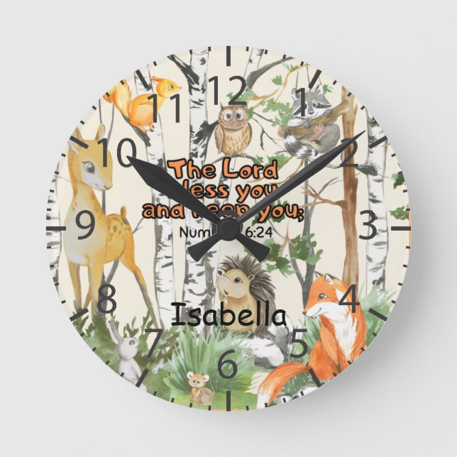 Reloj Redondo Mediano Cute acuarela Woodland Animals Scripting Name (Anverso)