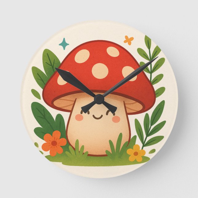Reloj Redondo Mediano Cute Aesthetic Mushroom Wall Clock (Anverso)