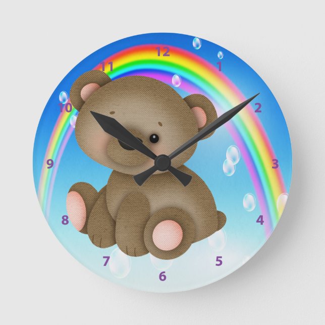 Reloj Redondo Mediano Cute Baby Bear & Rainbow Clock (Anverso)