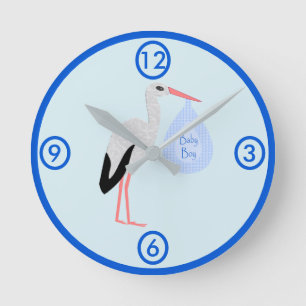 Reloj Redondo Mediano Cute Blue Baby Boy Stork Nursery