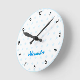 Reloj Redondo Mediano Cute Blue Stars Nombre Personalizado Niños Sala Nu