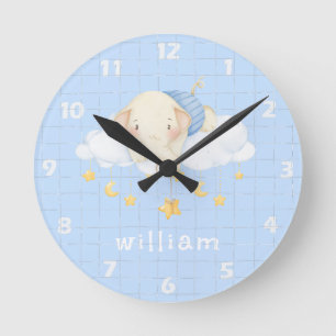 Reloj Redondo Mediano Cute Boho Acuarela Elefante Nubes Azul Guardería