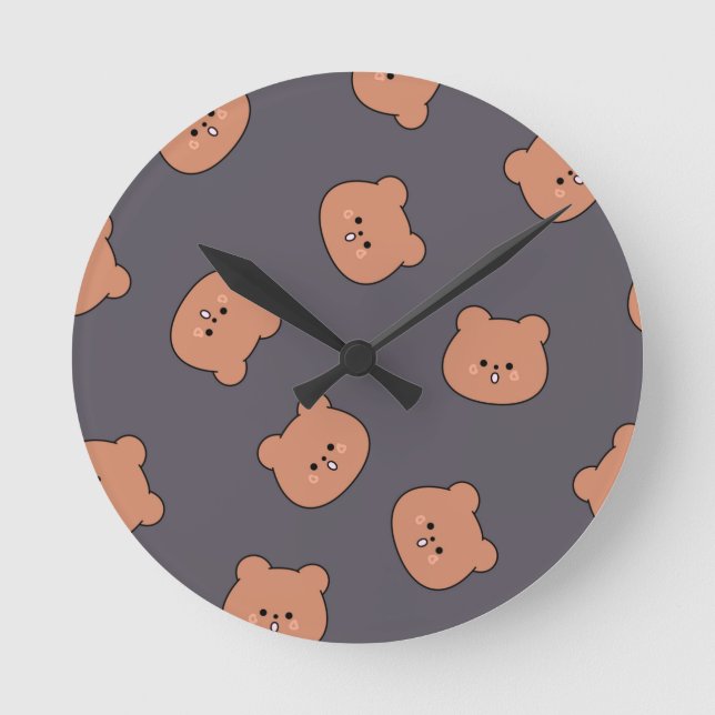 Reloj Redondo Mediano Cute Brown Teddy Bear Face Pattern Dark Blue (Anverso)