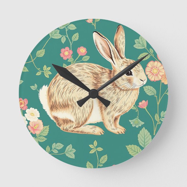 Reloj Redondo Mediano Cute Bunny Floral Teal Pattern (Anverso)