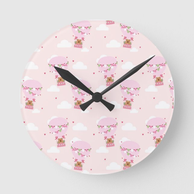 Reloj Redondo Mediano Cute Capybara Globo Aerostático (Anverso)