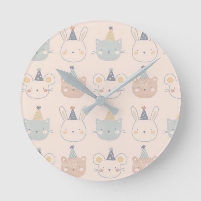 Reloj Redondo Mediano Cute Cats Rabbits and Bears Faces Pastel Pattern (Anverso)